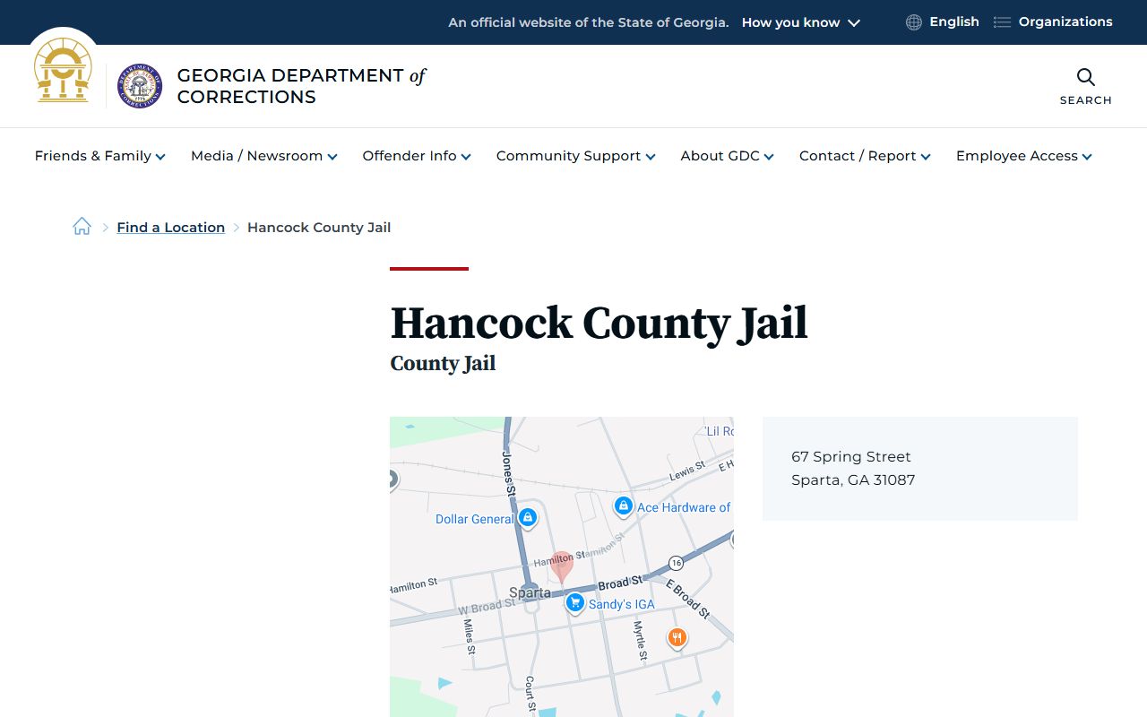 Hancock County inmate records GDC jail location page
